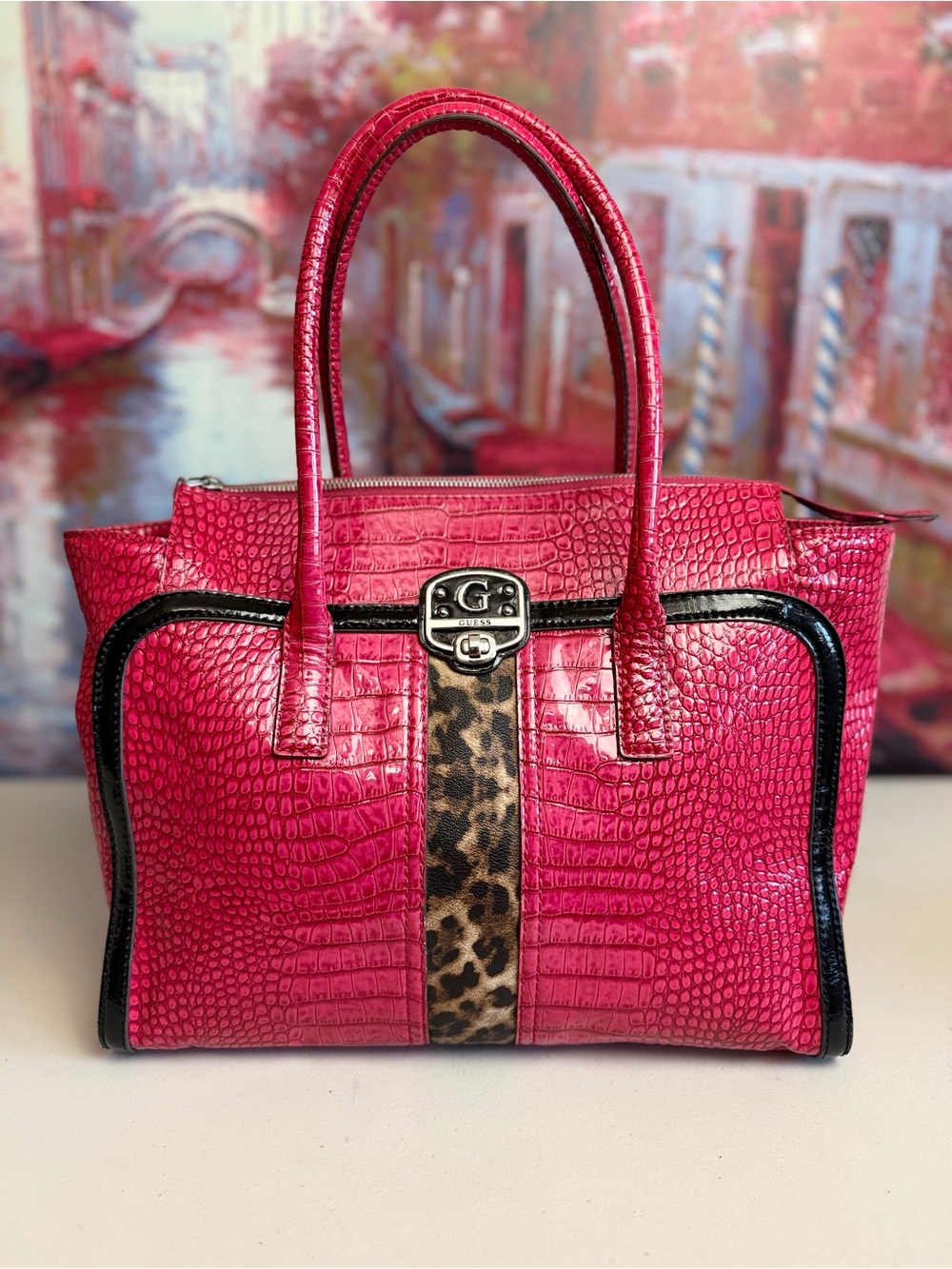 GUESS Tennille Y2K Berry Multi Croc Leopard Satchel Bag